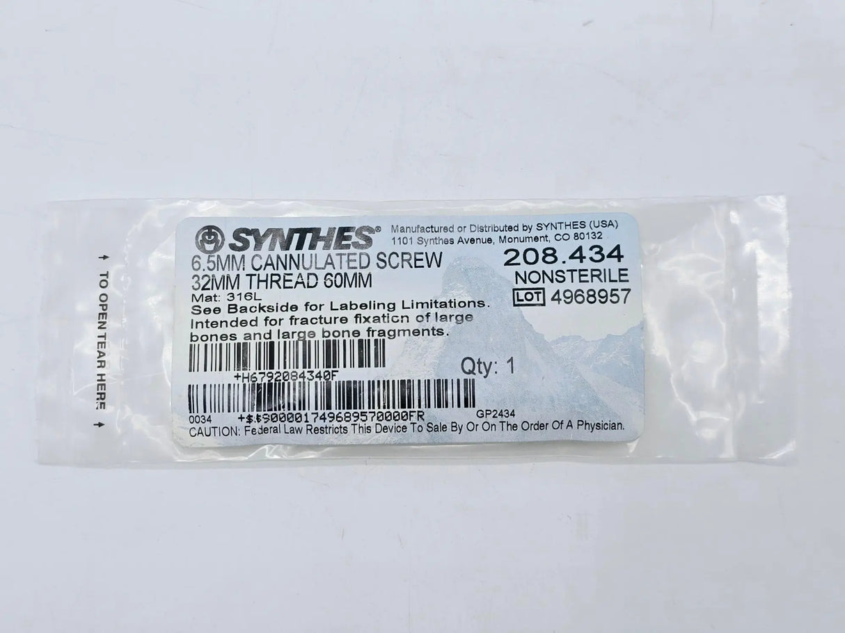 Synthes 208.434 6.5mm Cannulated Screw 32mm Thread 60mm Synthes