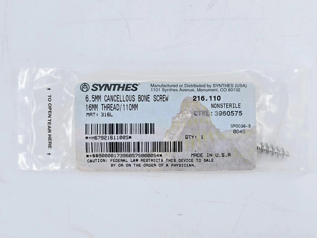 Synthes 216.110 6.5mm Cancellous Bone Screw 16mm Thread/110mm Synthes