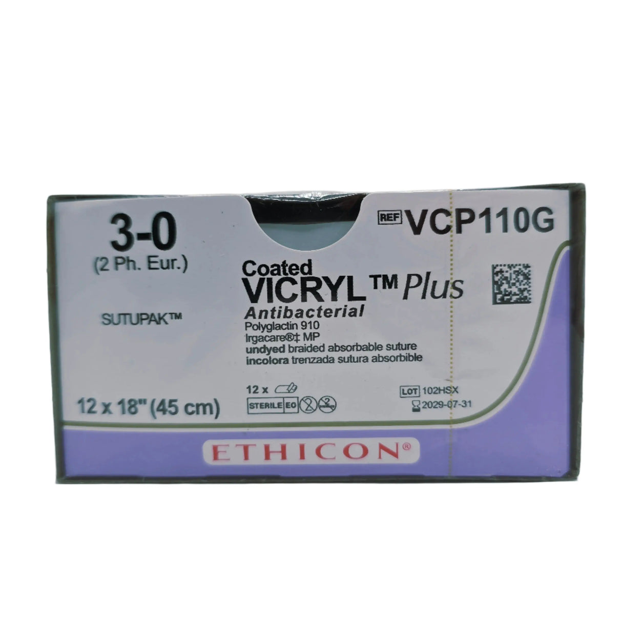 Ethicon VCP110G 3-0 Coated VICRYL Plus 12X18" SUTUPAK BX/12 Ethicon