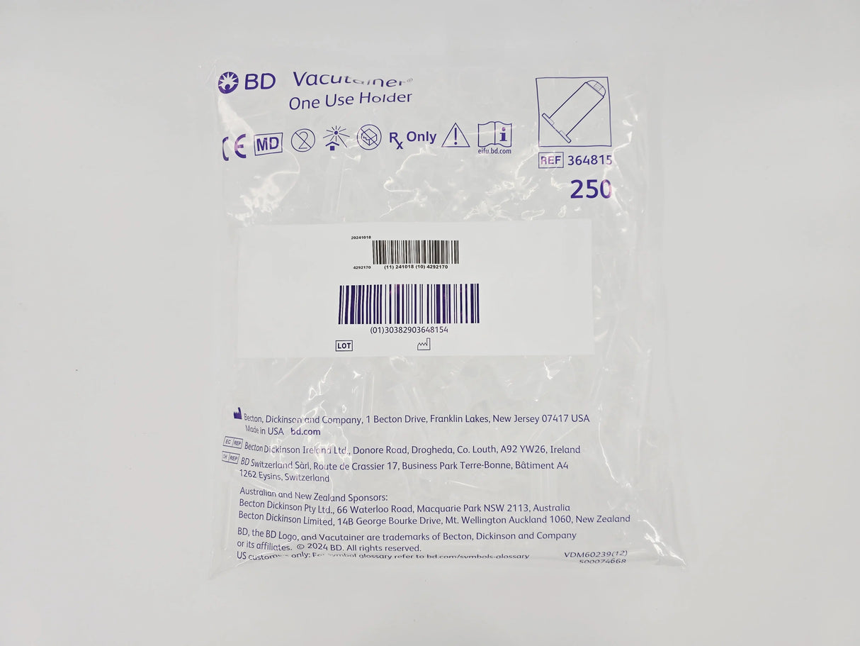 BD 364815 Vacutainer Needle Holder One Use Nonstackable CS/1000 (250/BX, 4BX/CS) BD