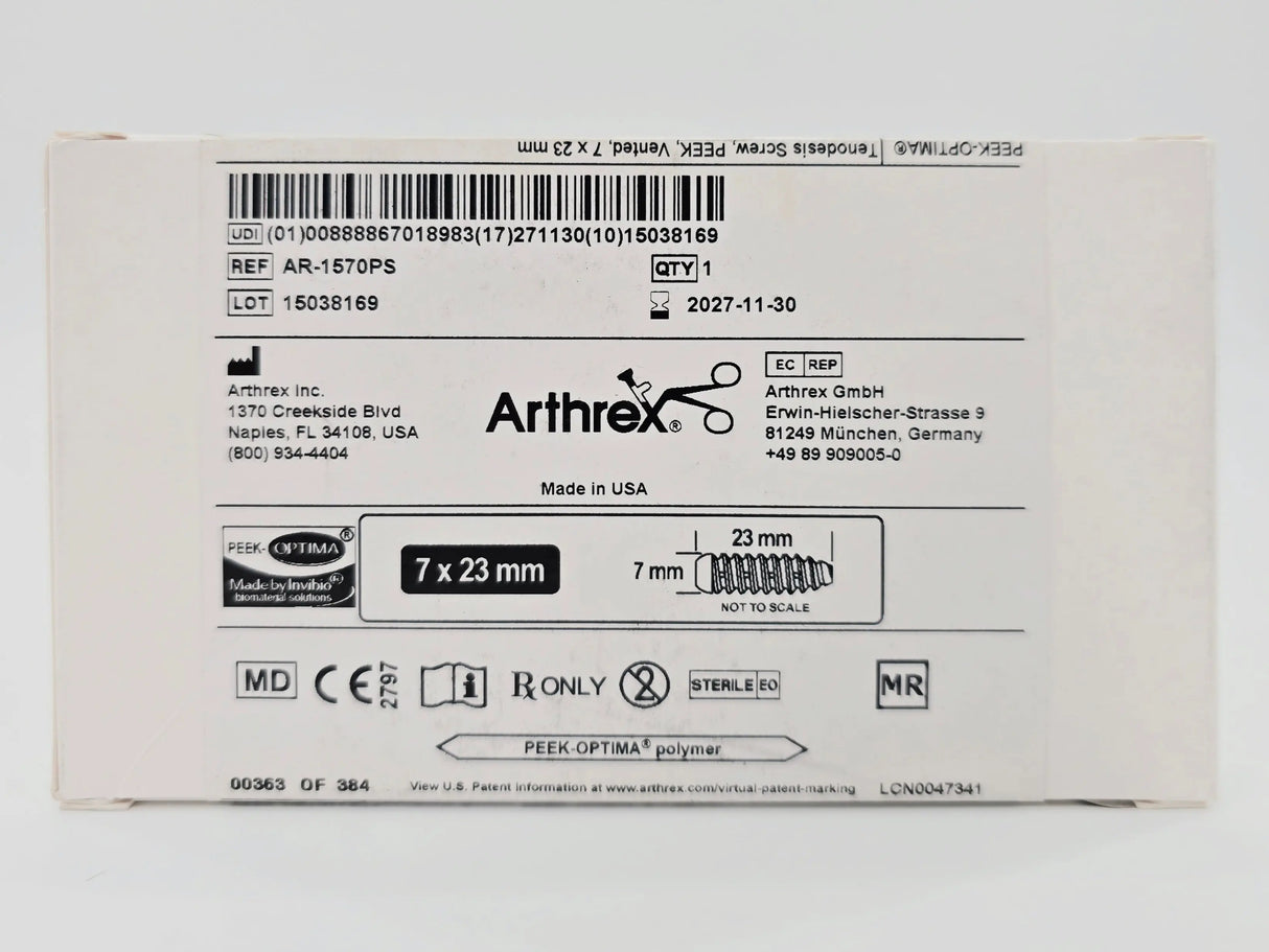 Arthrex AR-1570PS Tendonesis Screw, PEEK, Vented, 7 x 23mm Arthrex