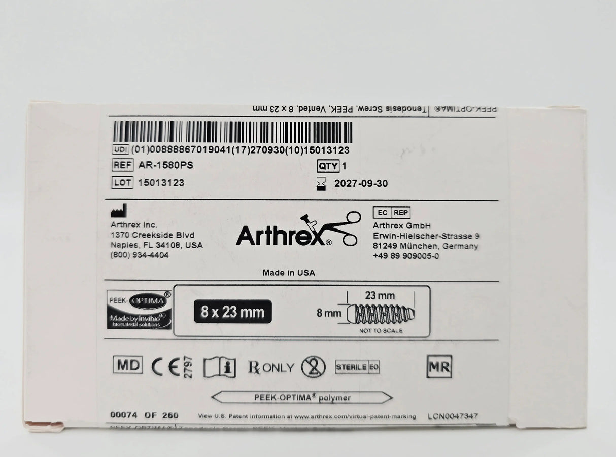Arthrex AR-1580PS Tendonesis Screw, PEEK, Vented, 8 x 23mm Arthrex