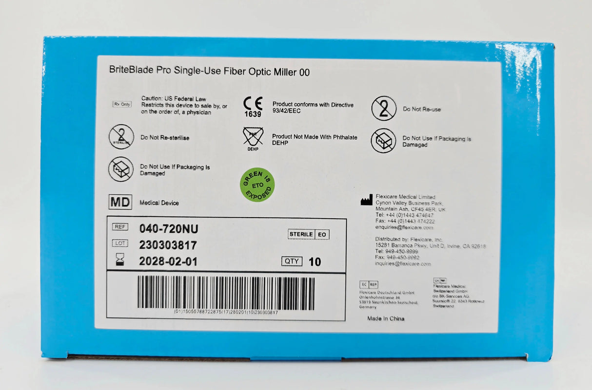 Flexicare 040-720NU BriteBlade Pro Single-Use Fiber Optic Laryngoscope Blade Miller 00 BX/10 Flexicare