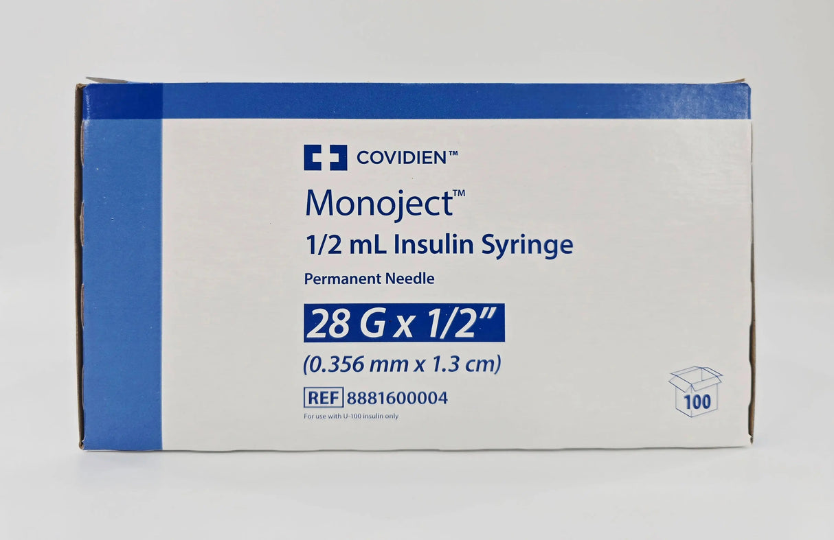 Covidien 8881600004 Monoject 1/2mL Insulin Syringe Permanent Needle 28G x 1/2" BX/100 Covidien