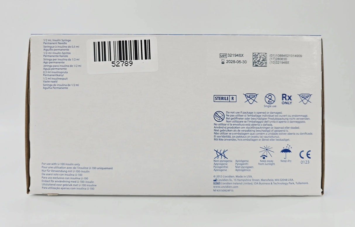 Covidien 8881600004 Monoject 1/2mL Insulin Syringe Permanent Needle 28G x 1/2" BX/100 Covidien