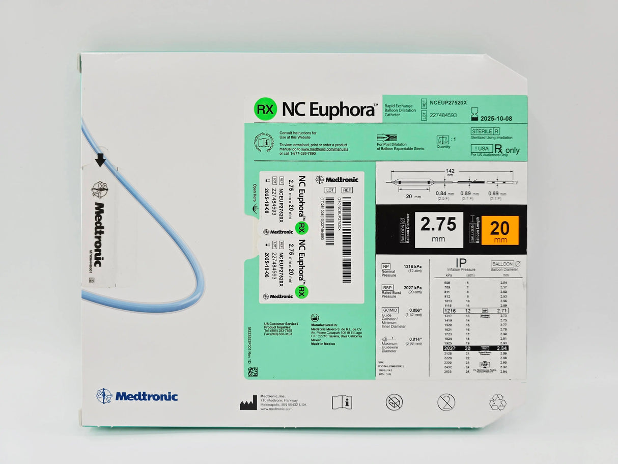 Medtronic NCEUP27520X NC Euphora 2.75mm x 20mm Noncompliant Balloon Dilation Catheter Medtronic