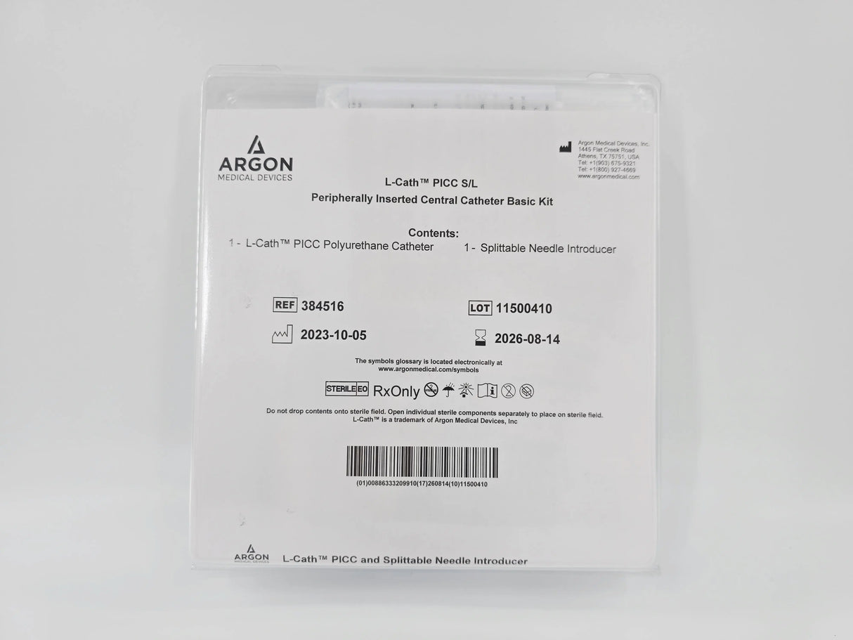 Argon 384516 L-Cath PICC S/L Peripherally Inserted Central Catheter Basic Kit 28ga (1.2F) x 25cm 1 Lumen Argon Medical