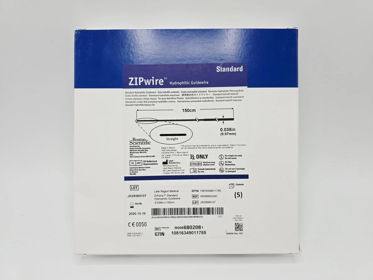 Boston Scientific M0066802081 ZIPwire Standard Hydrophilic Guidewire 150cm x 0.038" Straight BX/5 Boston Scientific