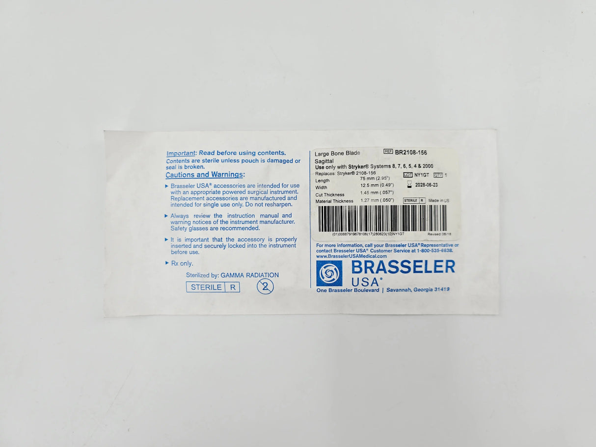 Brasseler BR2108-156 Sagittal Large Bone Blade 75mm x 12.5mm Brasseler