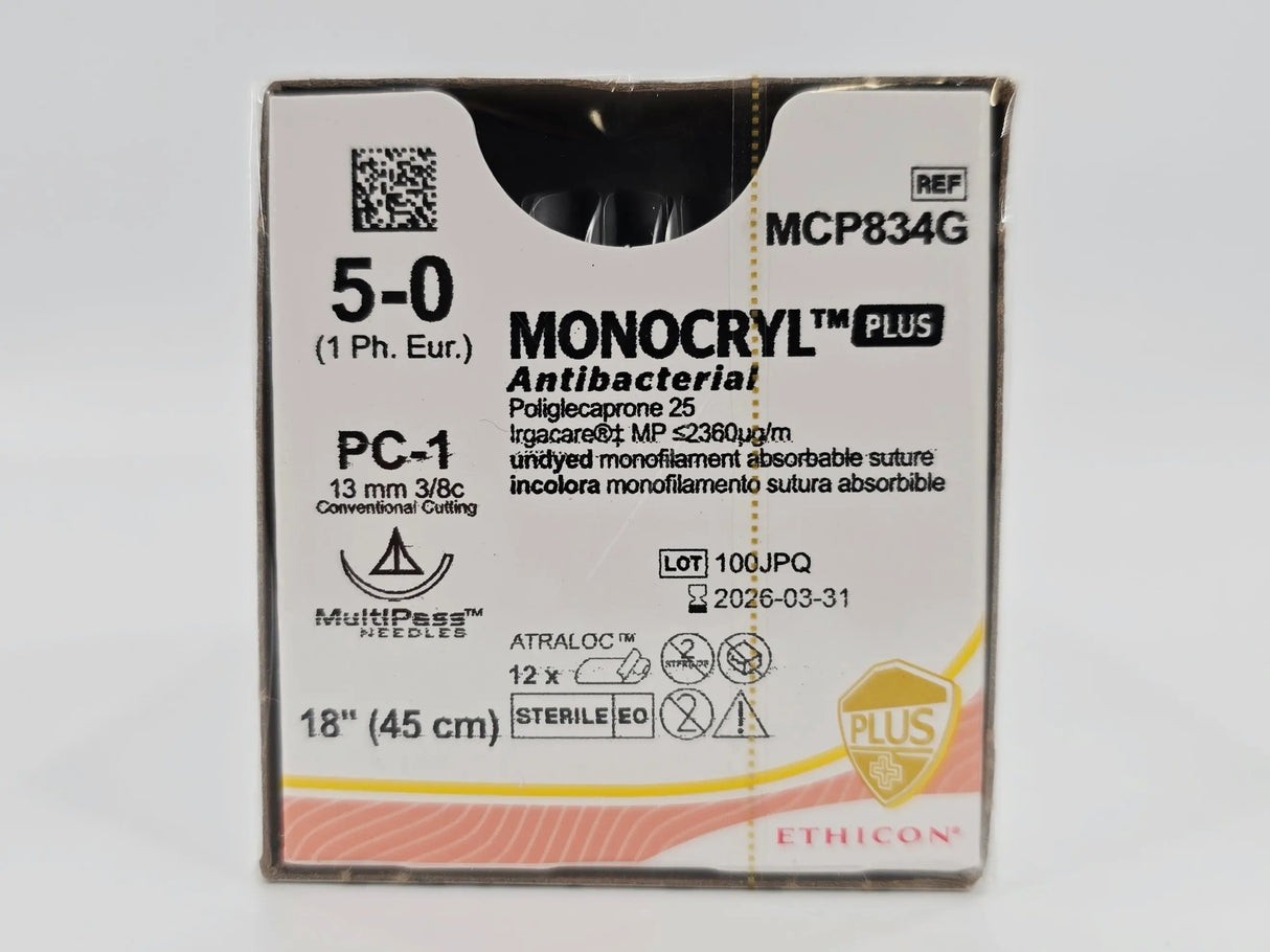 Ethicon MCP834G 5-0 MONOCRYL Plus Antibacterial 1X18" PC-1 Box of 12 Ethicon