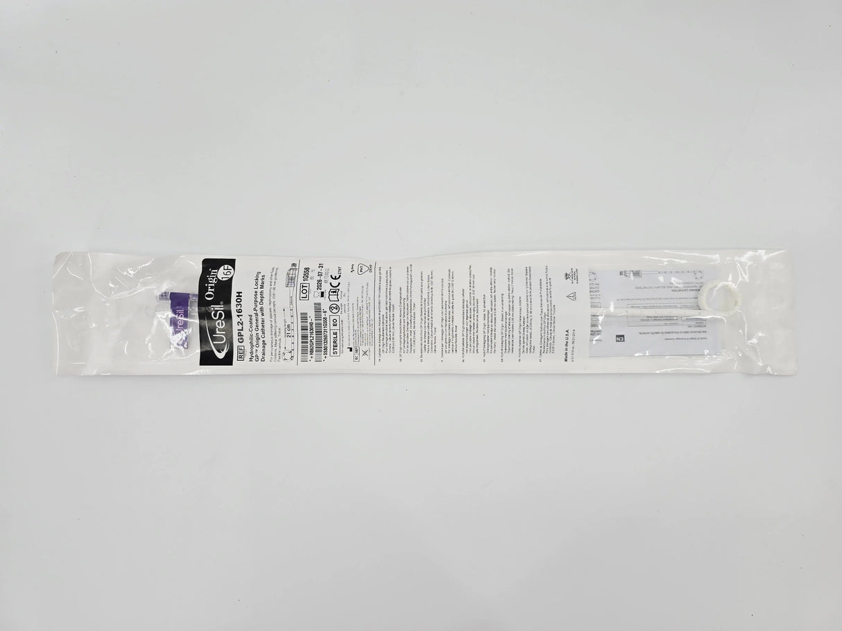 UreSil GPL2-1630H 16F Hydrophilic-Coated GP Origin General-Purpose Locking Drainage Catheter w/ Depth Marks Uresil