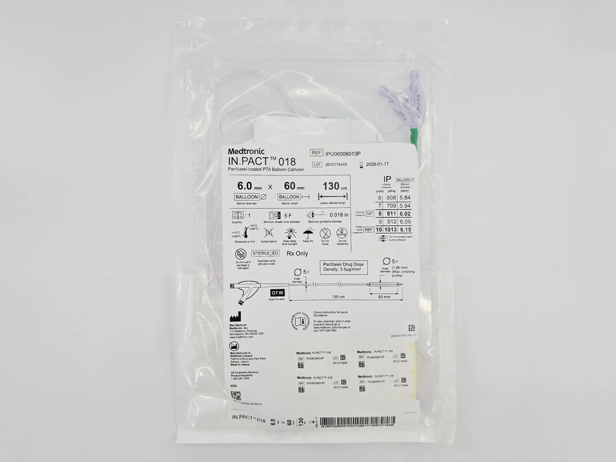 Medtronic IPU06006013P In.Pact 018 Paclitaxel-coated PTA Balloon Catheter 6.0mm x 60mm 130cm Medtronic