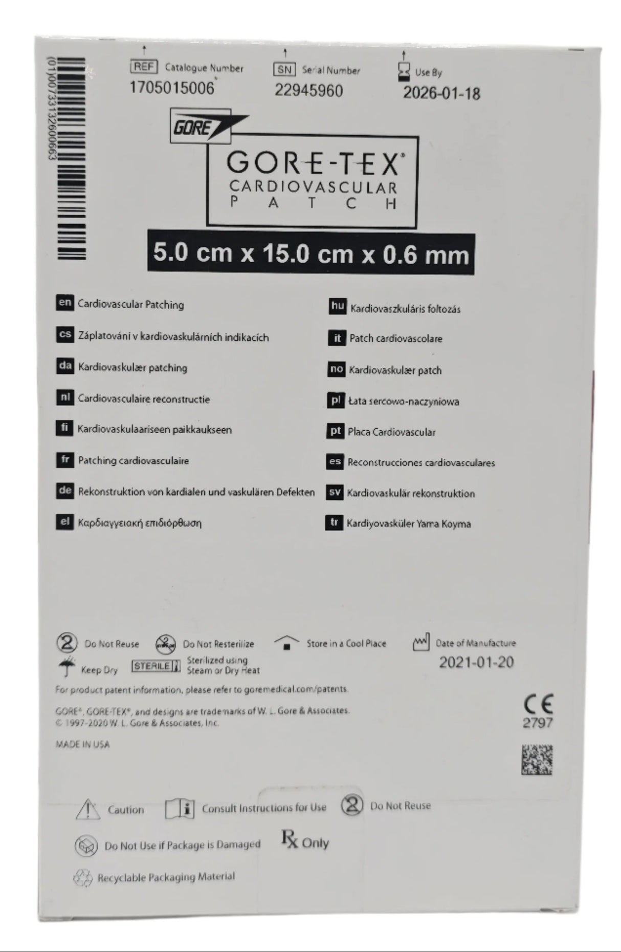 Gore-Tex 1705015006 Cardiovascular Patch 5.0cm x 15.0cm x 0.6mm Gore