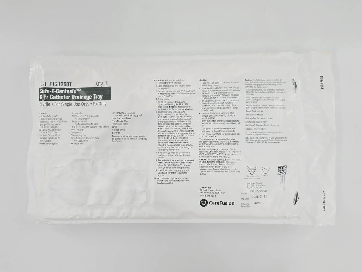 BD CareFusion PIG1260T Safe-T Centesis 6F Catheter Drainage Tray Carefusion
