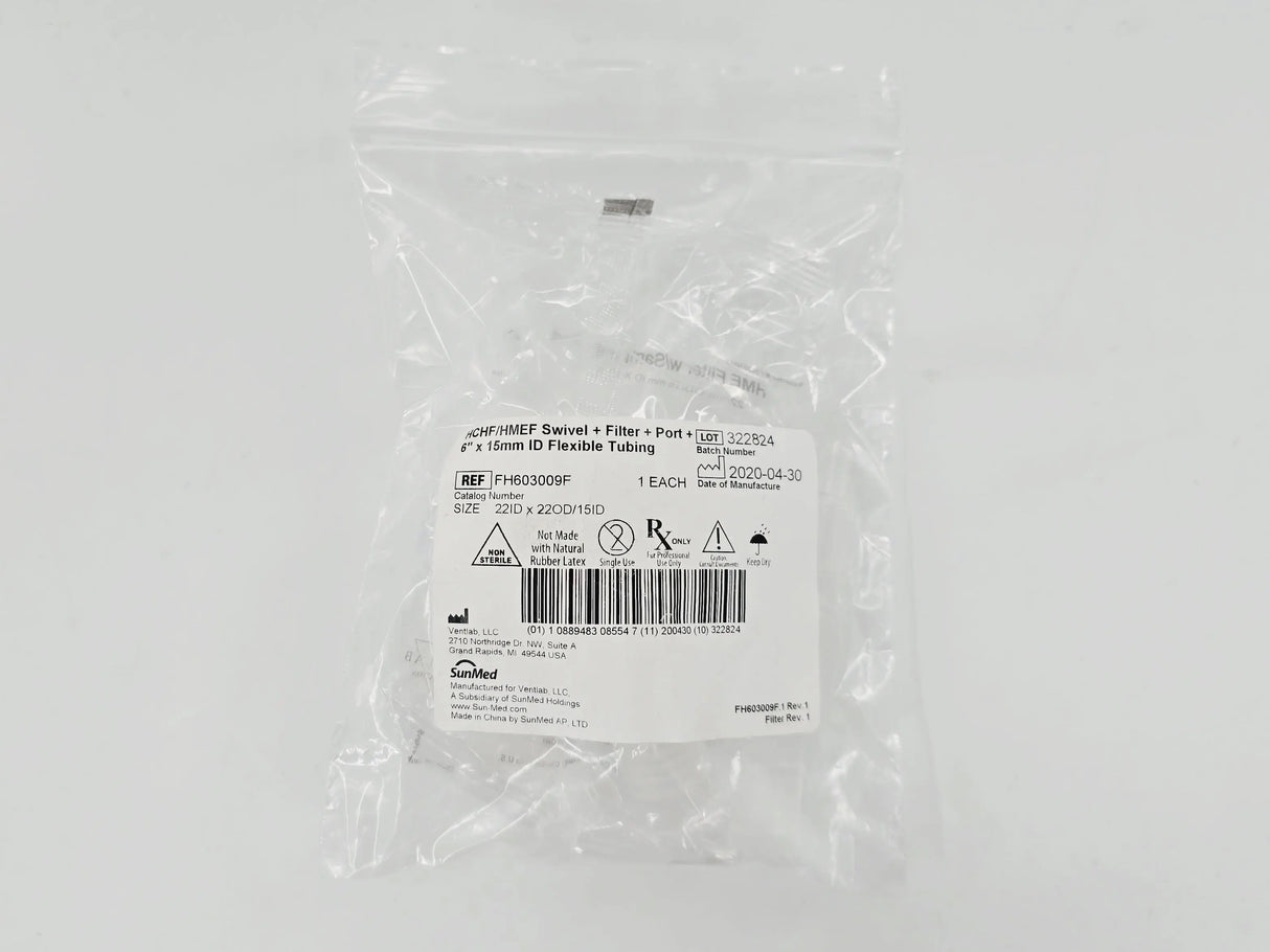 SunMed FH603009F Ventlab Heat Moisture Exchanger HCHF/HMEF Swivel + Filter + Port + 6" x 15mm ID Flexible Tubing AirLife