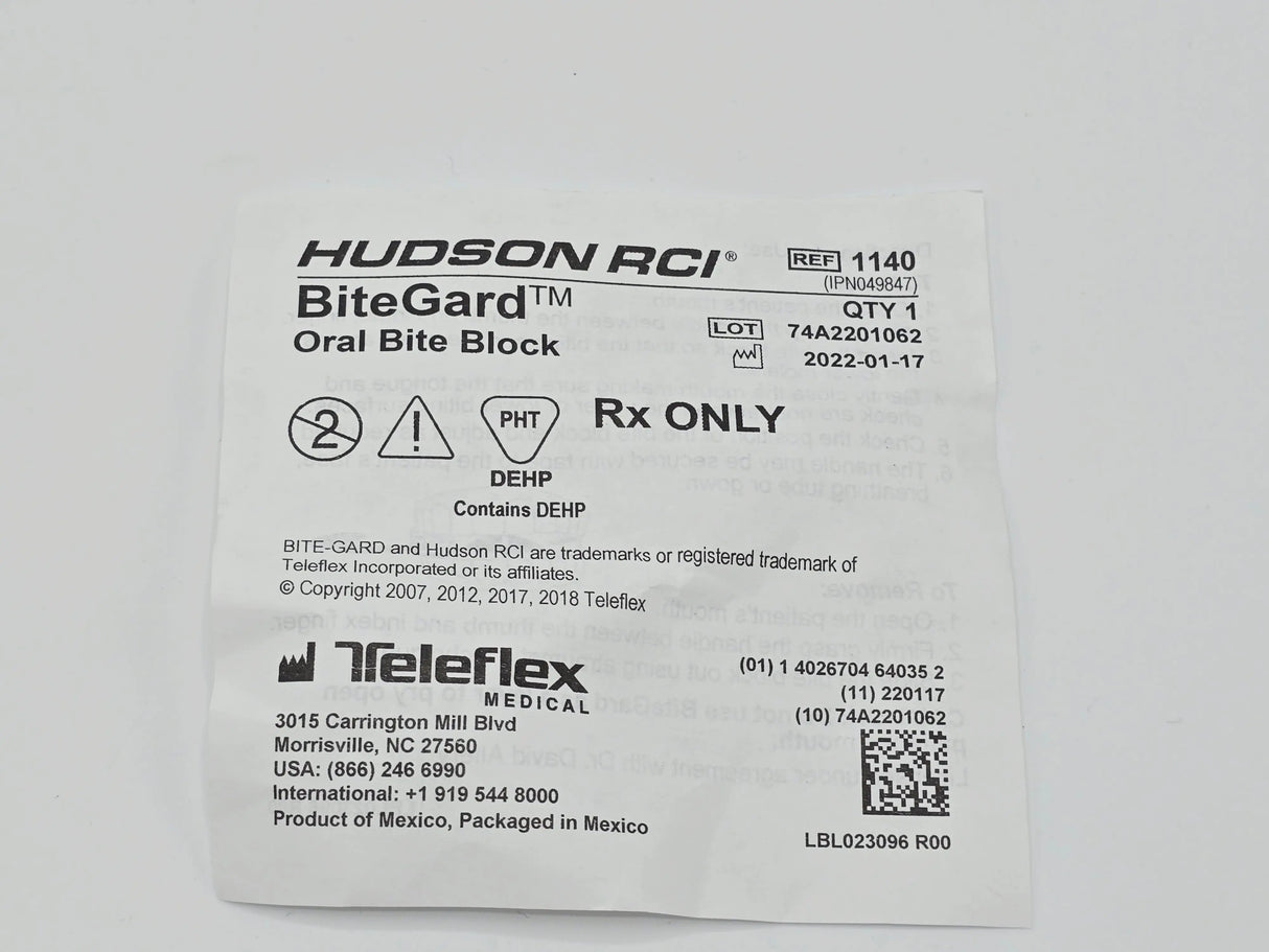 Teleflex 1140 BiteGard Oral Bite Block Single Use Sterile Individually Packaged Teleflex