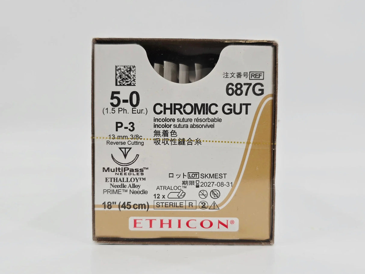 Ethicon 687G CHROMIC GUT 5-0 Naturally BROWN 1X18" P-3 13mm BX/12 Ethicon