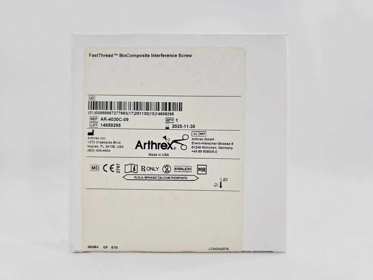 Arthrex AR-4030C-09 FastThread BioComposite Interference Screw Vented 9x30mm 1/EA Arthrex