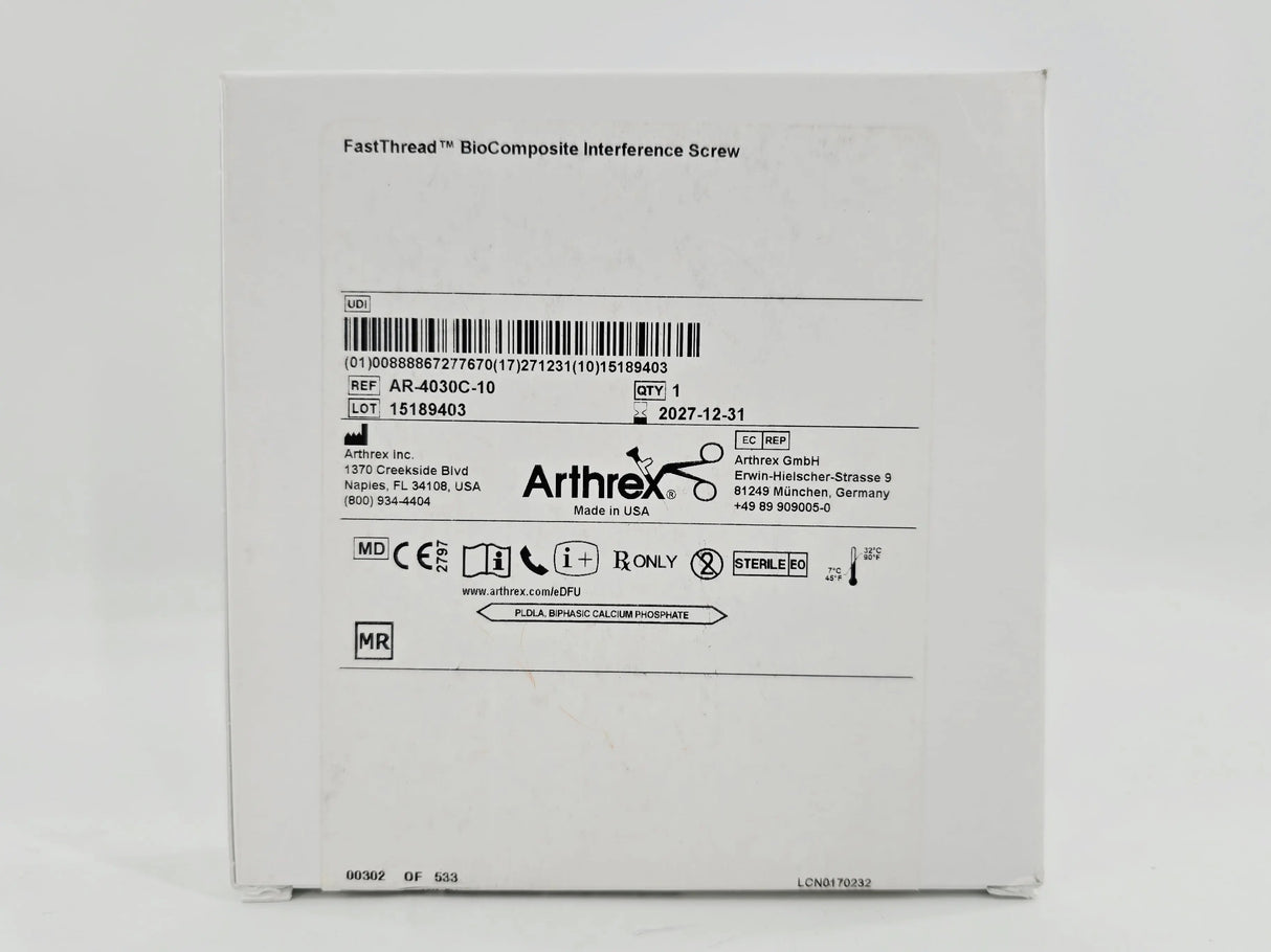 Arthrex AR-4030C-10 FastThread BioComposite Interference Screw Vented 10x30mm 1/EA Arthrex