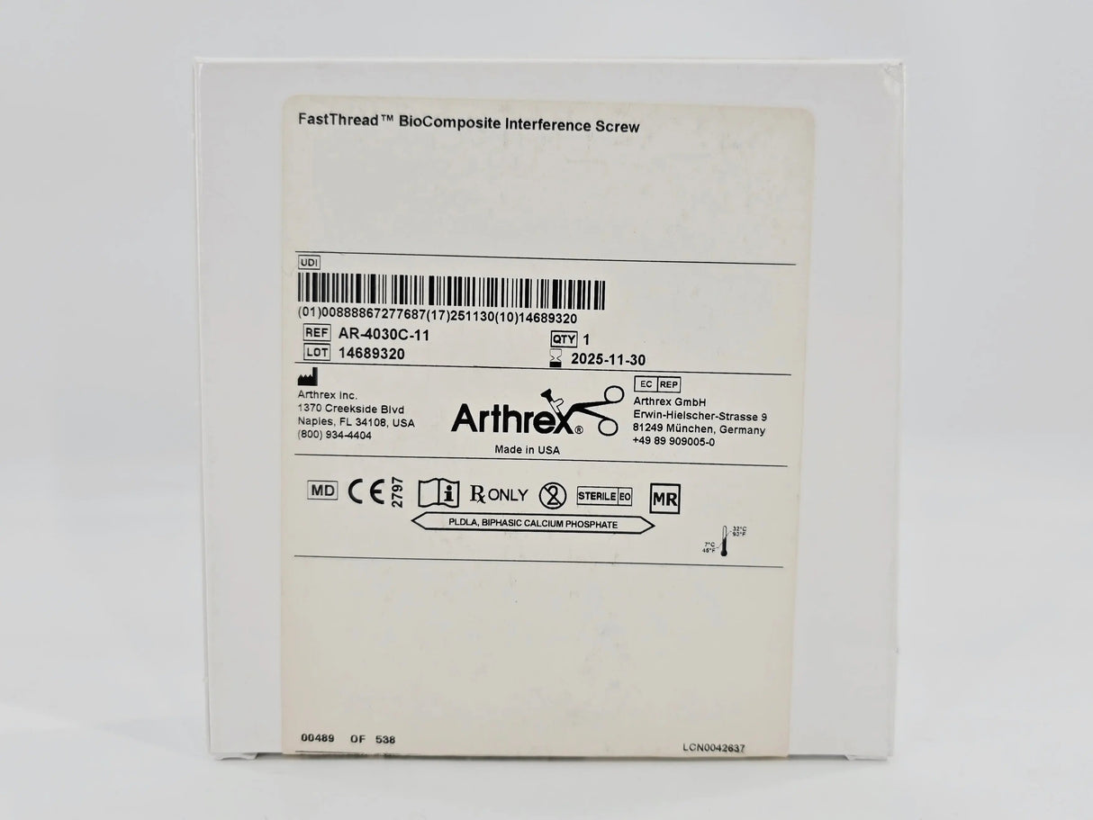 Arthrex AR-4030C-11 FastThread BioComposite Interference Screw Vented 11x30mm 1/EA Arthrex