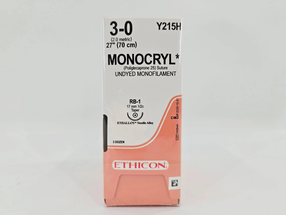 Ethicon Y215H MONOCRYL 3-0 Undyed 1X27" RB-1 17mm ETHALLOY BX/36 Ethicon