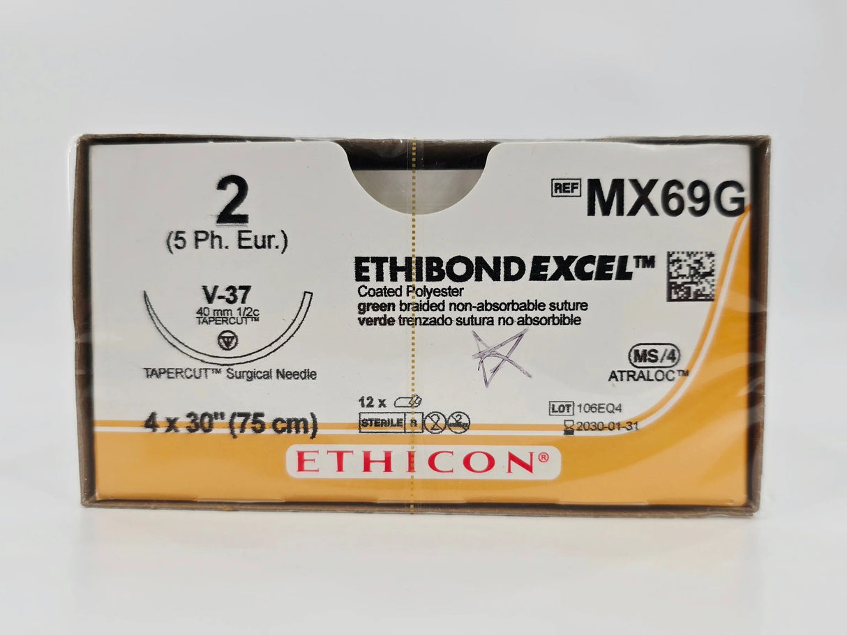 Ethicon MX69G ETHIBOND EXCEL 2 Green 4X30" V-37 40mm TAPERCUT Surgical Needle BX/12 Ethicon