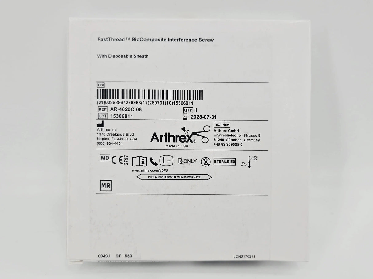 Arthrex AR-4020C-08 FastThread BioComposite Interference Screw w/ Disposable Sheath 8 x 20mm 1/EA Arthrex