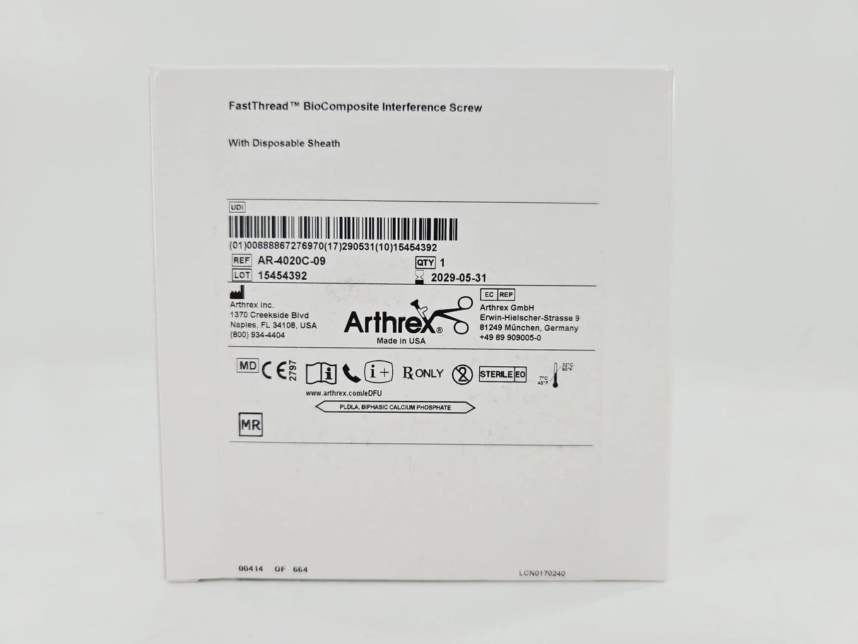 Arthrex AR-4020C-09 FastThread BioComposite Interference Screw w/ Disposable Sheath 9 x 20mm 1/EA Arthrex