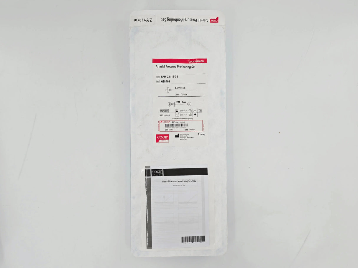 Cook Medical G58401 Arterial Pressure Monitoring Set 2.5F x 5cm, 22G, 0.015" 1/EA Cook Medical