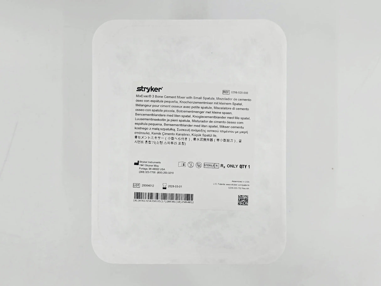 Stryker 0206-020-000 MixEvac 3 Bone Cement Mixer w/ Small Spatula 1/EA Stryker