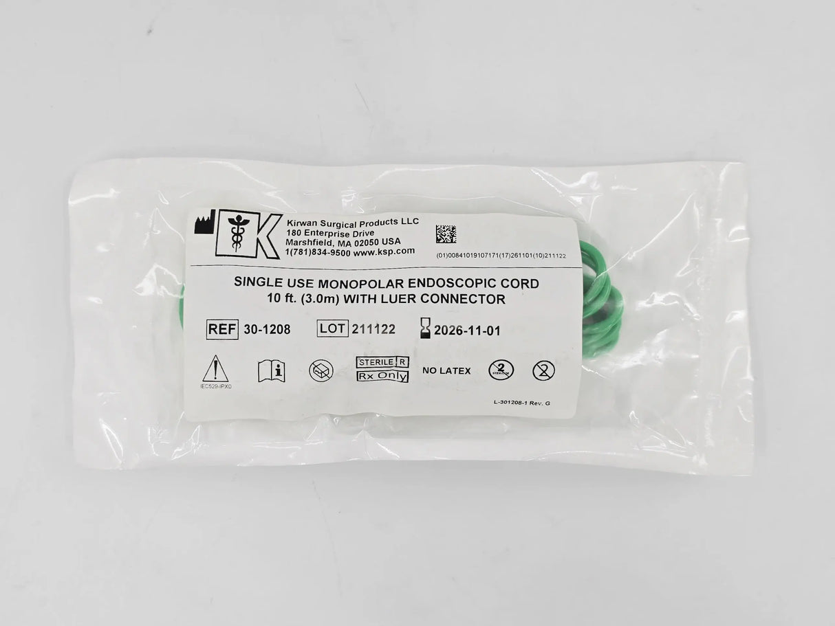 Kirwan 30-1208 Monopolar Endoscopic Cord w/ Luer Connector 10' Single-Use 1/EA Kirwan