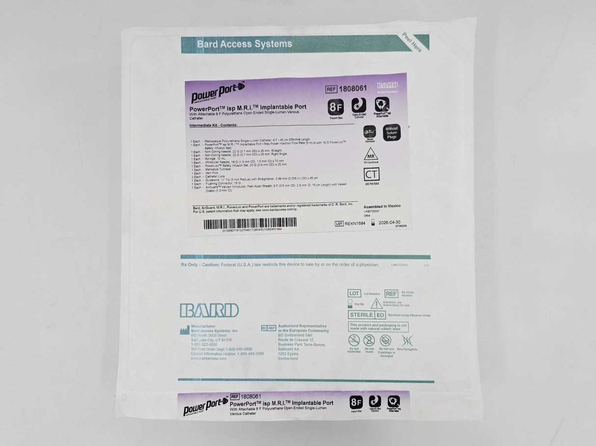 Bard 1808061 PowerPort iSP MRI Implantable Port w/ Attachable 8F Polyurethane Open-Ended Single-Lumen Venous Catheter Kit 1/EA Bard