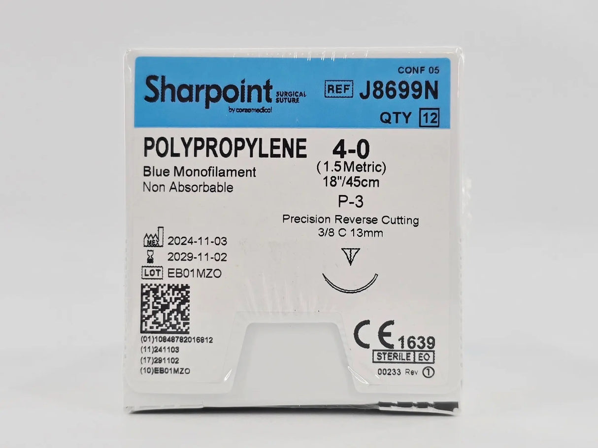 Corza Medical J8699N Sharpoint POLYPROPYLENE 4-0 Blue 1X18" P-3 13mm Precision Reverse Cutting BX/12 Corza Medical