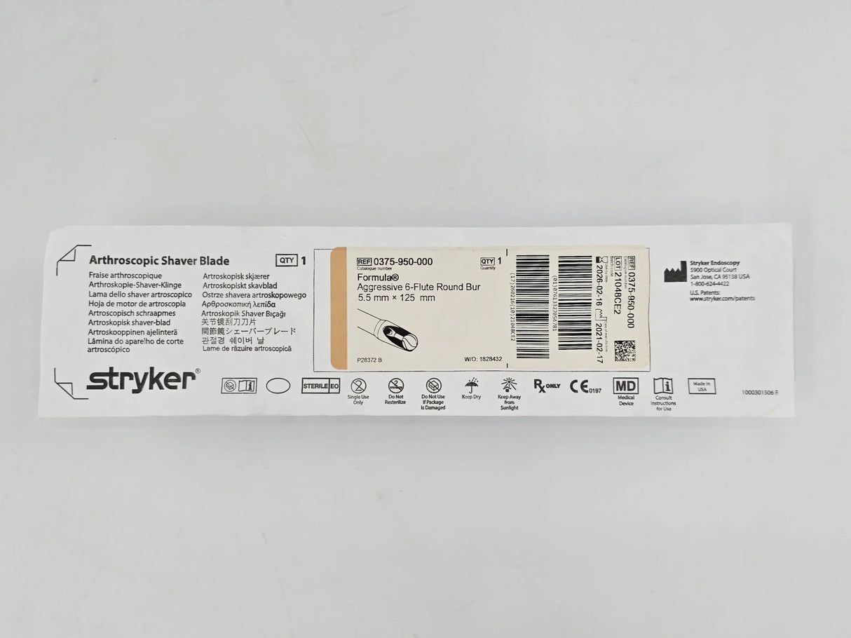 Stryker 0375-950-000 Formula Aggressive 6-Flute Round Bur Arthroscopic Shaver Blade 5.5mm x 125mm 1/EA Stryker