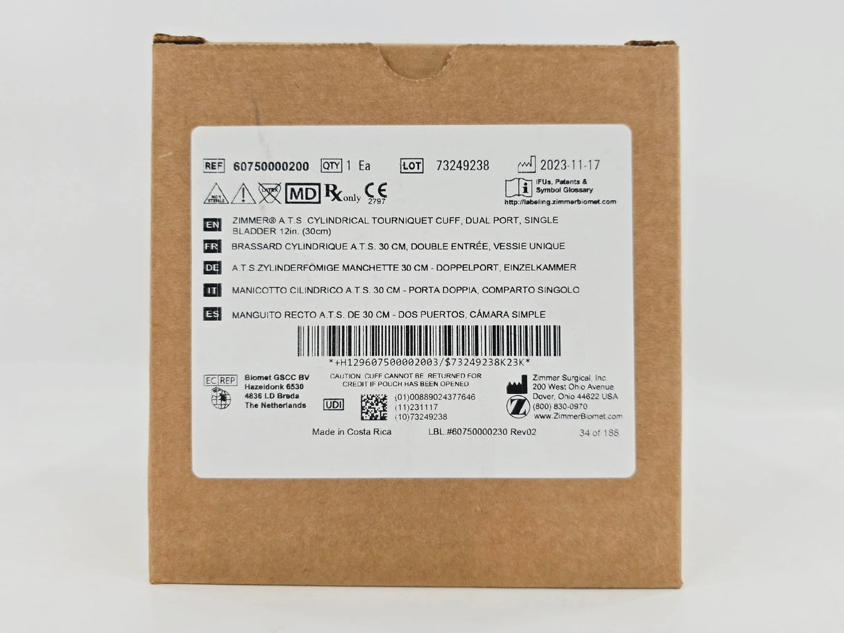 Zimmer 60750000200 A.T.S. Cylindrical Tourniquet Cuff Dual Port Single Bladder 12" 1/EA Zimmer Biomet