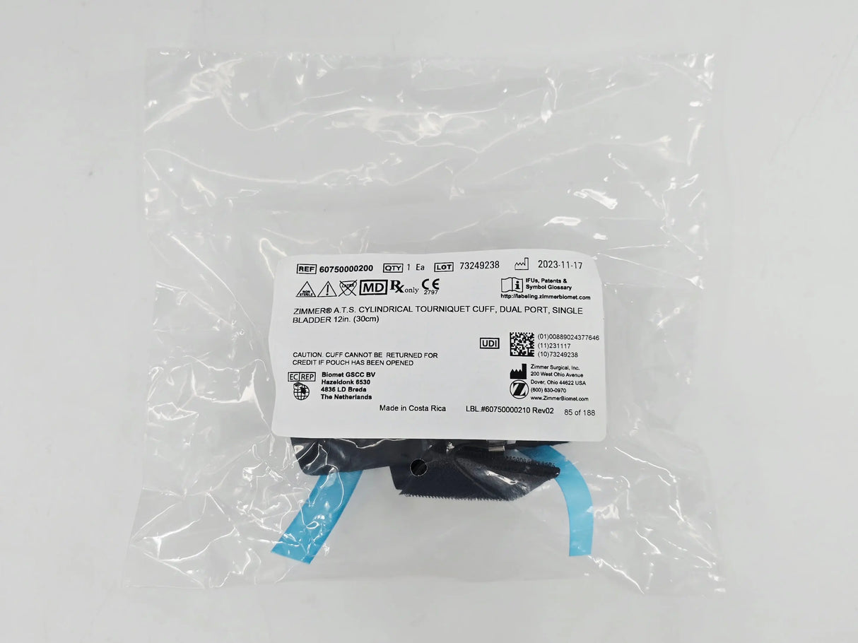 Zimmer 60750000200 A.T.S. Cylindrical Tourniquet Cuff Dual Port Single Bladder 12" 1/EA Zimmer Biomet