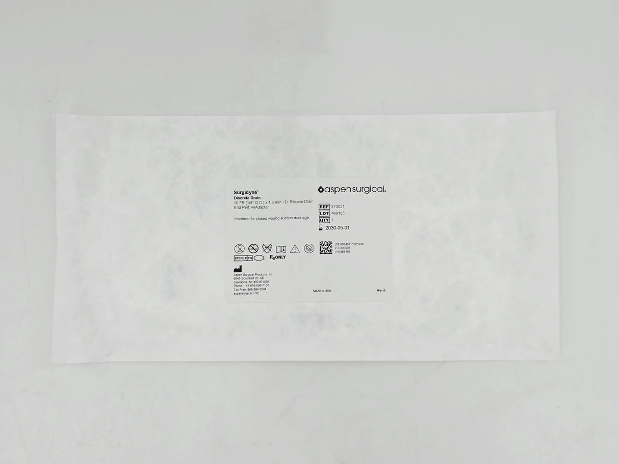 Aspen Surgical 370021 Surgidyne Discrete Drain 10FR x 1.6mm I.D. Silicone Drain End Perf w/ Adapter CS/10 Aspen Surgical