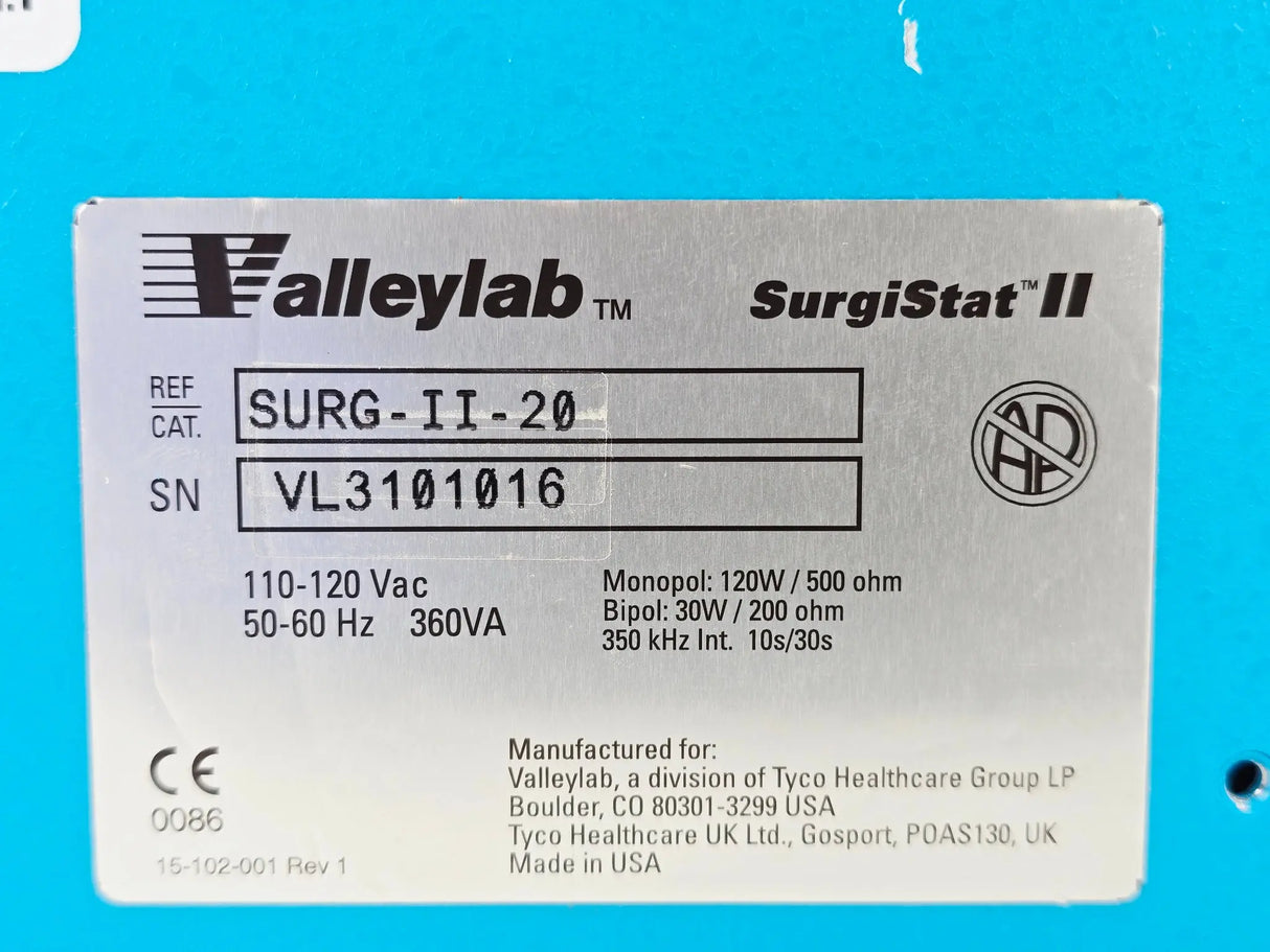 Valleylab SurgiStat II Surgical Control Unit w/ Footswitch & Cable Set Primis Medical