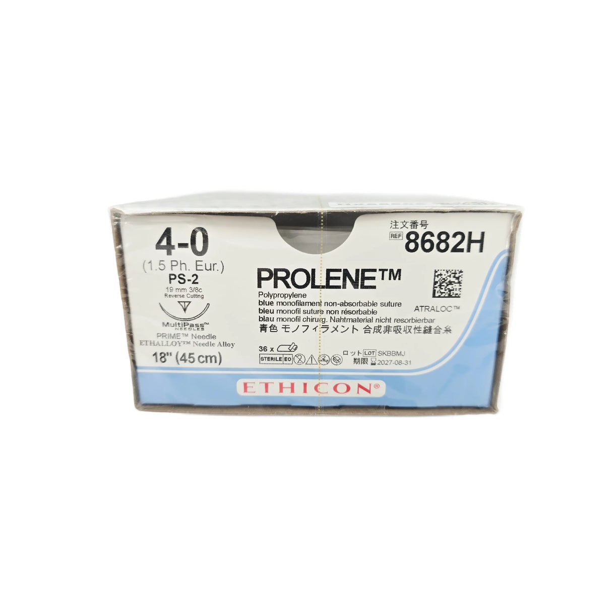 Ethicon 8682H PROLENE Blue Monofilament Non-Absorbable Suture Size 4-0 with PS-2 Needle – Box of 36 Ethicon