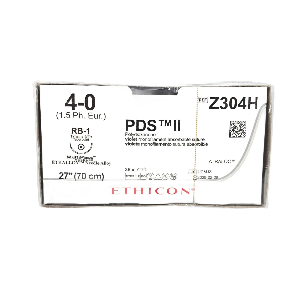 Ethicon Z304H PDS II Violet Monofilament Absorbable Suture Size 4-0 with RB-1 Needle – Box of 36 Ethicon