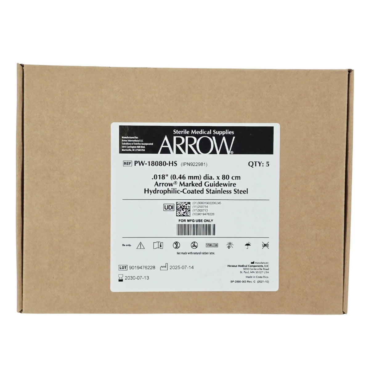 Teleflex Arrow PW-18080-HS Marked Stainless Steel Hydrophilic-Coated Guidewire .018" x 80cm – Box of 5 New Teleflex
