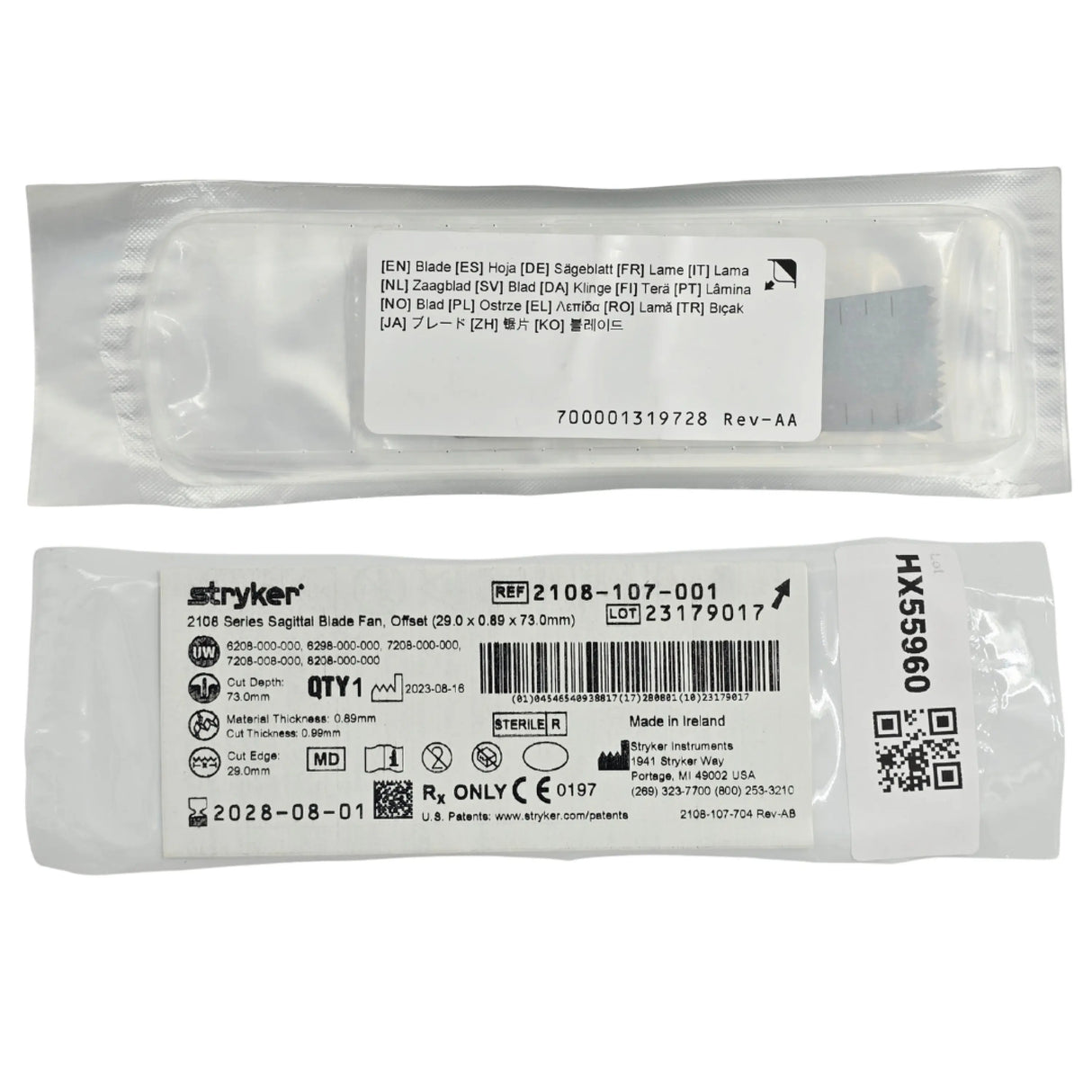 Stryker 2108-107-001 Heavy Duty Sagittal Saw Blade Fan Offset 29mm x 73mm x 0.89mm – New Stryker
