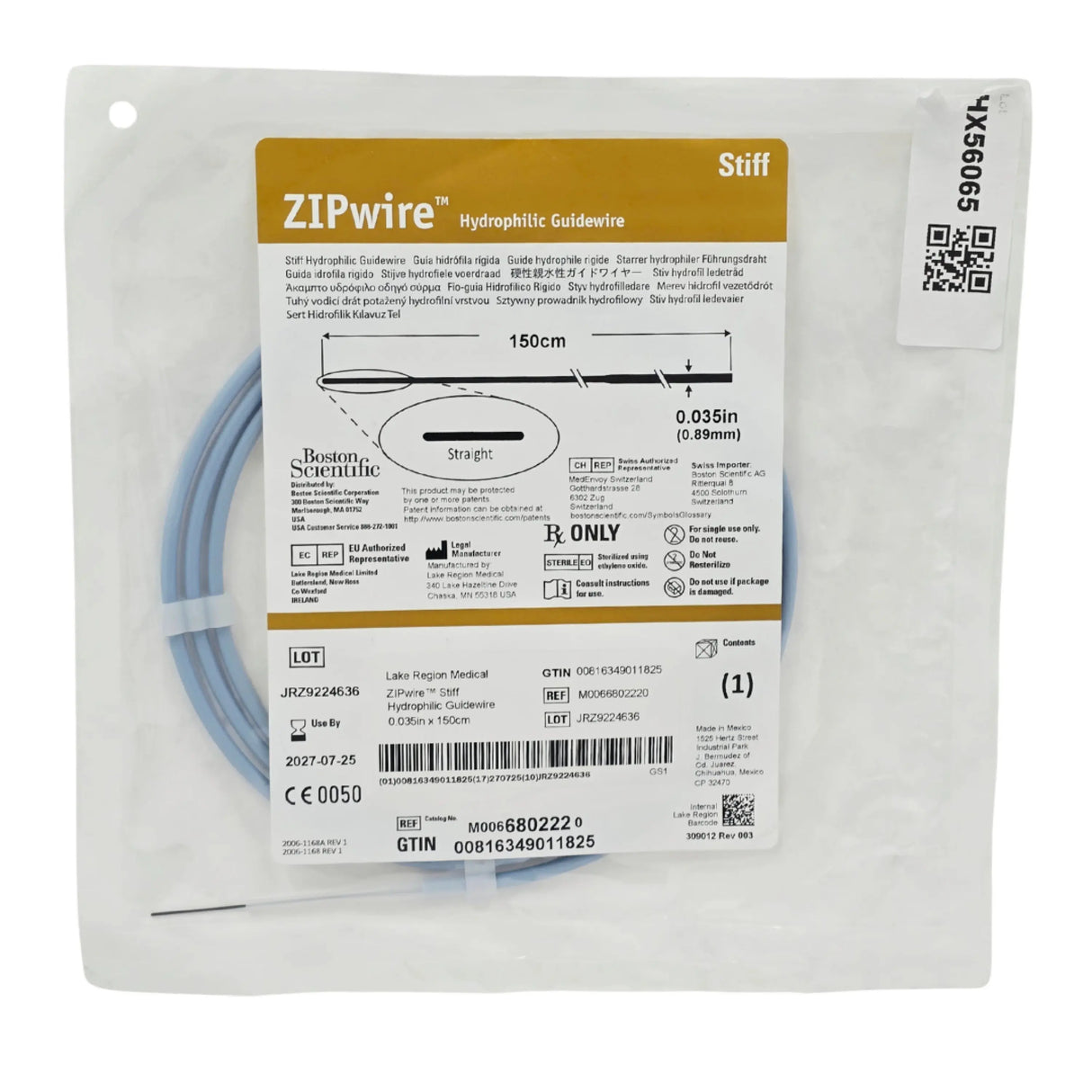 Lake Region Medical M0066802220 ZIPwire Hydrophilic Urological Guidewire 0.035" x 150cm Straight Stiff 1/EA - New Lake Region Medical