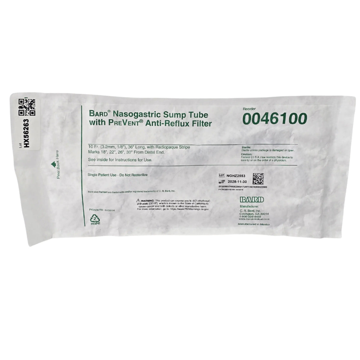 Bard BD 0046100 Nasogastric Sump Tube with PreVent Anti-Reflux Filter 10 Fr 36 in - New Bard