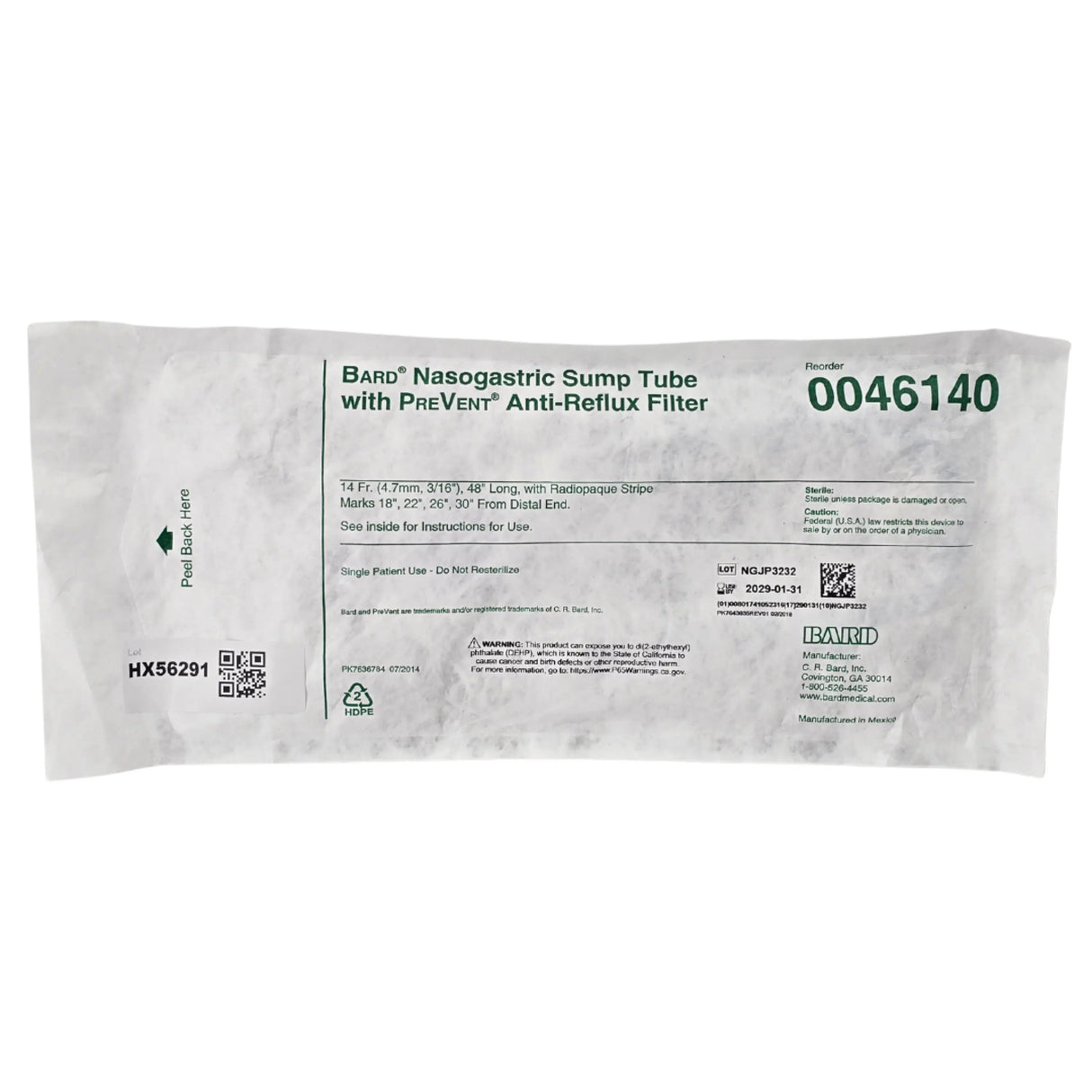 Bard 0046140 PreVent Anti-Reflux Nasogastric Sump Tube 14 Fr x 48 in - New Bard