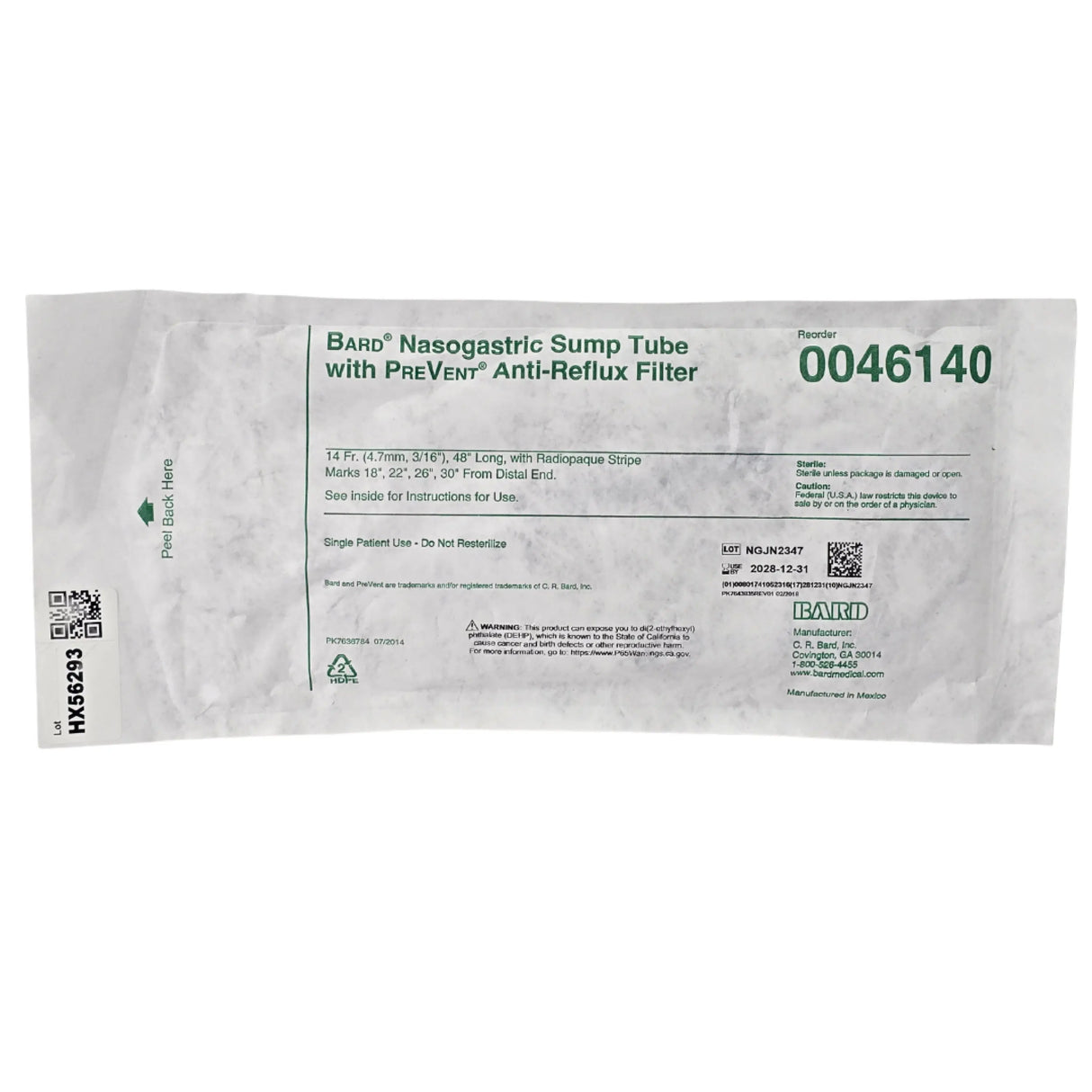 Bard 0046140 PreVent Anti-Reflux Nasogastric Sump Tube 14 Fr x 48 in - New Bard