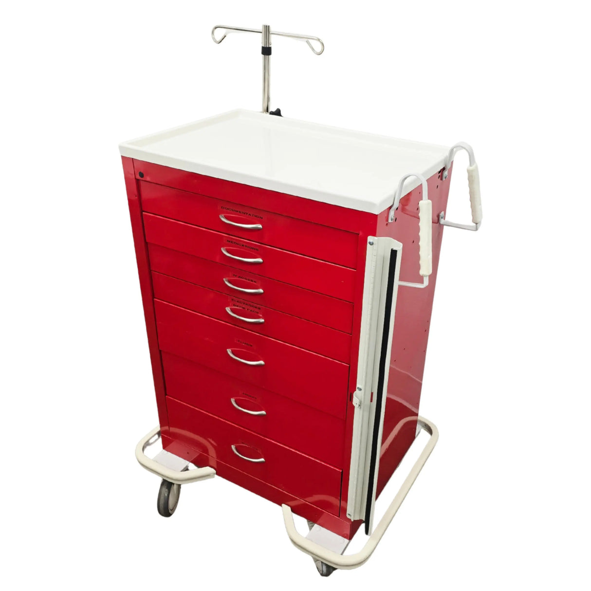 Red Medical Crash Cart with IV Pole & Multi-Hook Assembly (32" x 25" x 45") - Pre-Owned Unbranded/Generic