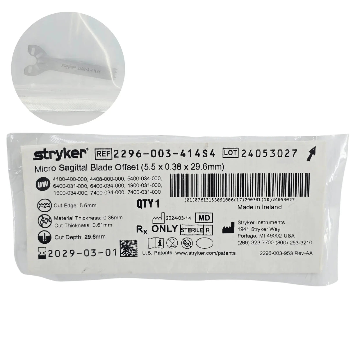 Stryker medical instrument packaging with blade details on a white background