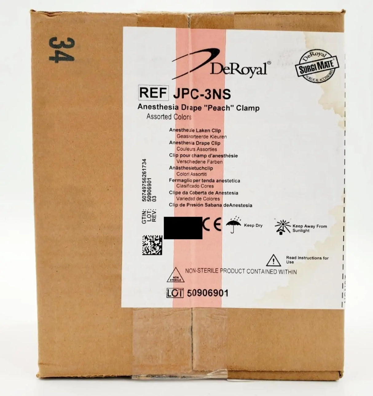 DeRoyal JPC-3NS Anesthesia Drape Peach Clamp Assorted Colors Box of 8 DeRoyal