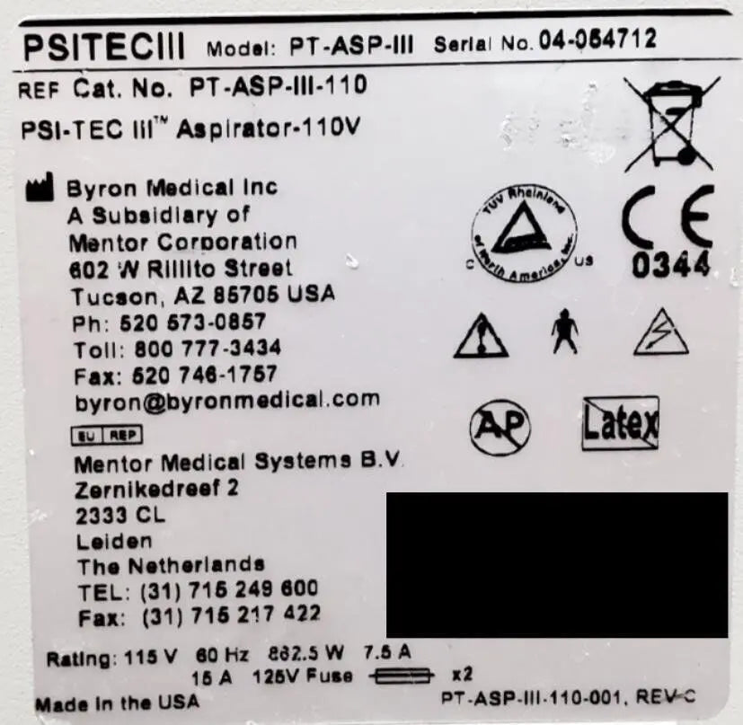 Byron Medical PT-ASP-lll-110 Aspirator System & Foot Pedal BIO Med Certified Byron